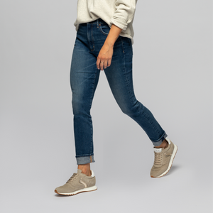 The model is 5'3" and 120 lbs. She sized up and is wearing a 27 for a more relaxed look.
